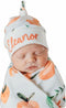Baby Girl Peach Design Swaddle Blanket and Hat Set with Custom Name