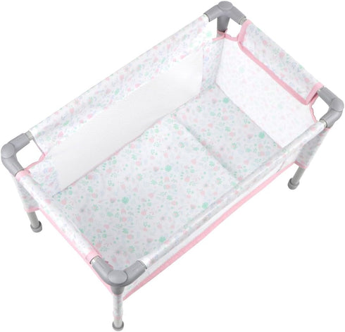 18" 3+ JC Toys - Berenguer Boutique | Travel Folding Crib - Playpen with Accessories | Pink Floral Collection |