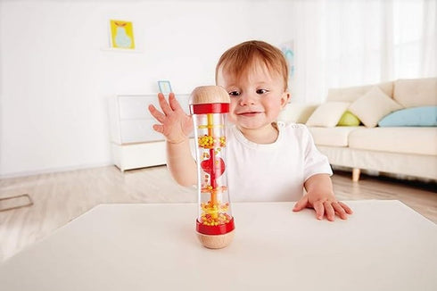 Hape Mini Wooden Musical Beaded Raindrops Instrument, Shake & Rattle Rainmaker Toy, Red