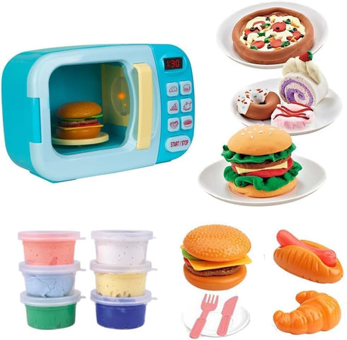 Set 6 3 Microwave Kitchen Play with Light Sound for Kids with Pretend Fake Food and Color DIY Play-Dough Clay Great