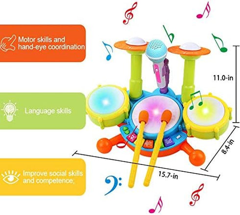 Set 1-3, 2 6 12 18 POKONBOY Kids Drum for Toddler Musical Instruments Learning Toys with Drum Sticks Adjustable