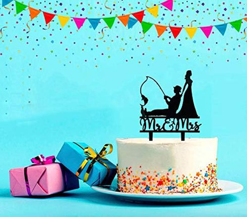YzYbuaego Black Fishing Wedding Cake Topper, Mr & Mrs, Fishing Theme for Wedding/Engagement/Bridal Shower
