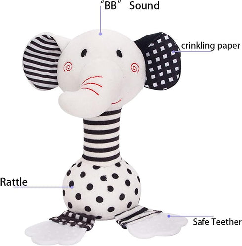 Black and White Newborn Baby Toys 0-12 Months, Soft Plush Rattle Stuffed Animal Toy with Teether and Sound (Elephant)