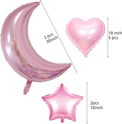 9pcs Large Moon Star Foil Balloons 30inch Pink Silver Moon and 18inch Star Heart Mylar Balloons for Party Decorations