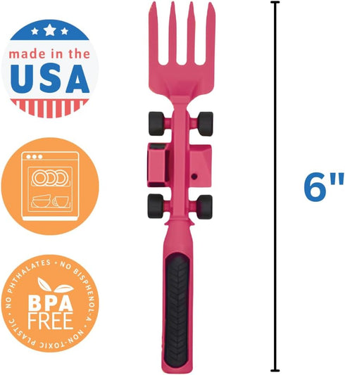 Set Constructive Eating Plate and Utensils - USA-Made Toddler Dinnerware with Divided Plates (Pink Construction)