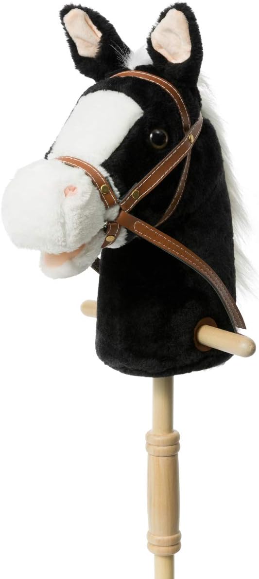 HollyHOME Stick Horse Plush Handcrafted Hobby Horse with Wood Wheels and Real Pony Sounds for Kids, Black 36 Inches