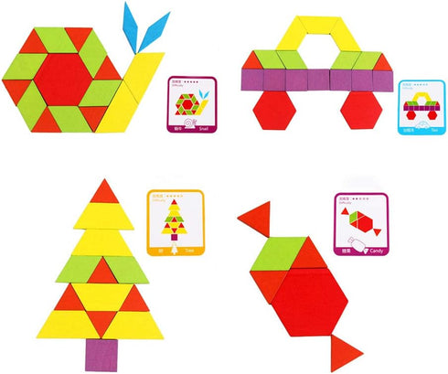 155 Pcs Wooden Pattern Blocks Set, Geometric Shape Puzzle for Kids Ages 4-8 with 24 Pcs Design Cards