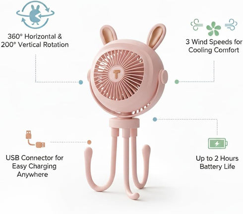 Generic 3 120 Stroller Fan for Baby with LED Light Portable Clip-On Fan with Flexible Tripod Legs, USB Rechargeable