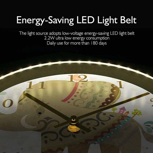 Geek Alerts Little Animals Cartoon Elephants Wall Clock with Sound Control LED Night Light Animal Metal Frame Silent