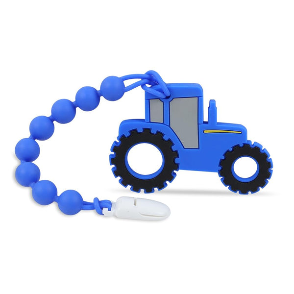 Baby Tractor Teething Toys, Food Grade Silicone Teether with Pacifier Clip Holder, Pain Relief for 3 Months+, Blue
