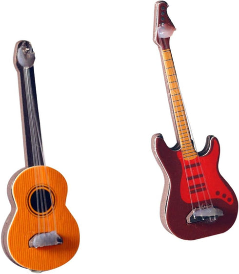 Toyvian 2Pcs Miniature Guitar Dollhouse Musical Instrument, Wood Bass Guitar Model Ornament