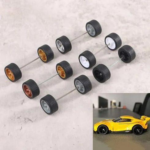 1 Pair Sliver Wheels Rims Tires Set Alloy 1:64 Wheels,Scale Alloy Wheels Rubber Tires,Model Alloy and Accessories Tires Wheel Rubber,Wheels and Tires