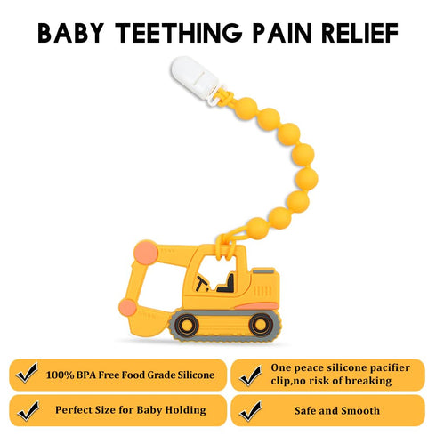 Baby Food Grade Silicone Carrier Vehicle Teether Toy with One Piece Design Pacifier Clip Holder,Teething Pain Relief Toys Gift Set for 3 Months+ Boys and Girls,Freezer Safe,BPA Free. (Excavator)