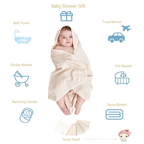 6-Pack Set 5 37.5 37.5 Inches Organic Cotton Baby Bath - Embroidered Hooded Towel & Soft Washcloths, Ultra Soft