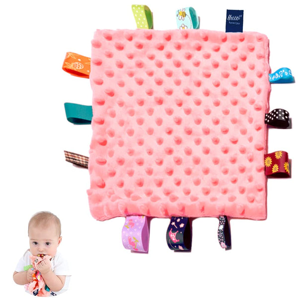 Baby Security Blanket, Pink Appease Blankets with Colorful Tags, Soft Plush Soothing Sensory Blanket (10 x 10 inches)
