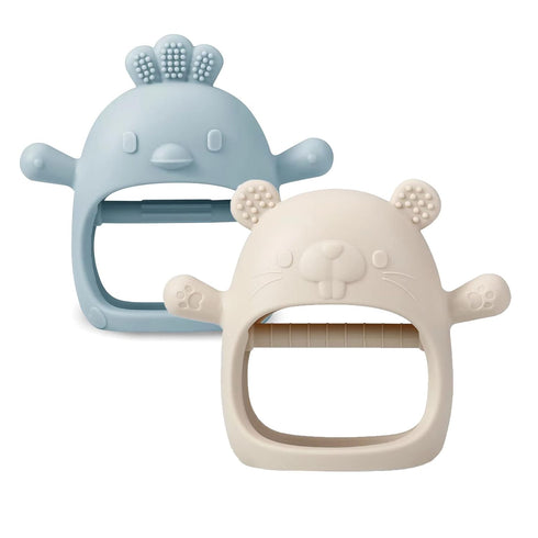 PandaEar 2 Pack Silicone Baby Teething Toys, Baby Hand Teether Mitten for Sucking Needs, White/Blue