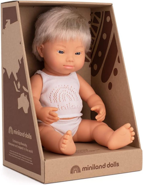 Miniland Doll 15'' Caucasian Blond Boy with Down Syndrome, Anatomically Correct, Quality Made in Spain