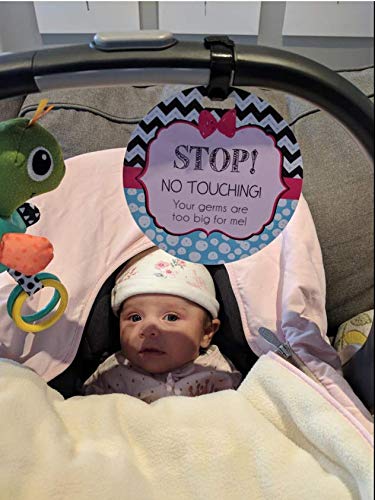 THREE LITTLE TOTS Pink Zig Zag Stop No Touching Baby Car Seat Sign or Stroller Tag - CPSIA Safety Tested