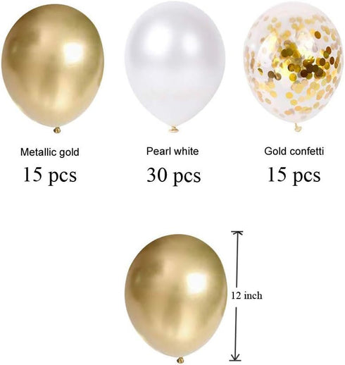 Gold Pearl White Gold Confetti Balloons Set (60 Pack), 12 Inch Latex Glitter Balloons for Birthday, Wedding, Baby