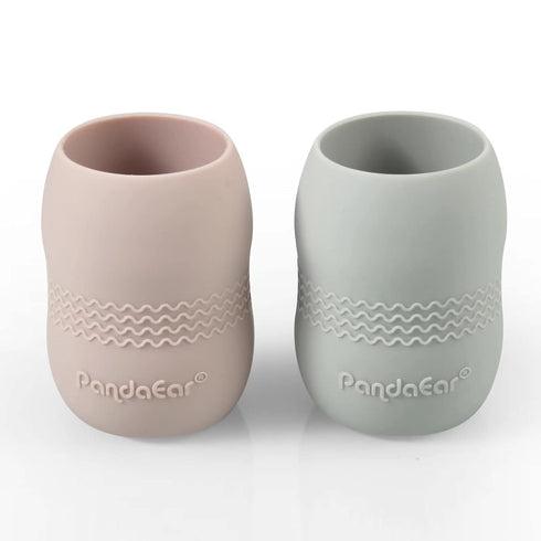 PandaEar 100% Tiny Silicone Drinking Training Cup for Baby and Toddler (2 Pack, Pink/Grey)