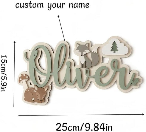 Personalized Woodland Name Sign for Boys Nursery, Custom Wooden Baby Name Wall Decor with Fox and Deer, Forest Animal