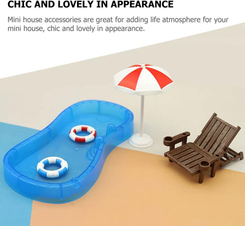 Toyvian 2 Sets Doll House Swimming Pool with Swimming Ring, Folding Beach Sunbath Chair Miniature Craft Furniture Pool