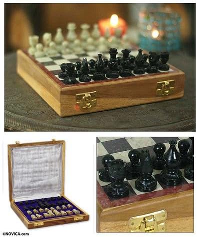 Soapstone Chess Set 8" - Indian Handmade Unique Gift Chess Board with Stone Inlay & Hand Carved Gorara Soapstone Pieces