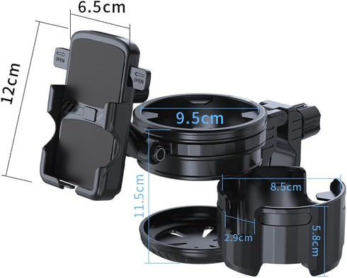 HoneTeek 3-in-1 360 Stroller Cup Phone Holder, Multifunctional Stroller Cup Holder Attachment with Adjustable Phone