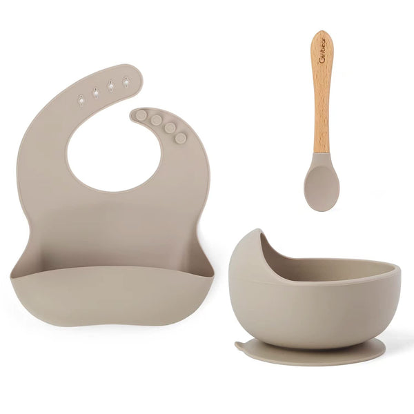 Ginbear Baby Bowls with Suction, Silicone Bibs, Baby Feeding Spoons, Baby Led Weaning Supplies, Almond, Ages 6 Months+