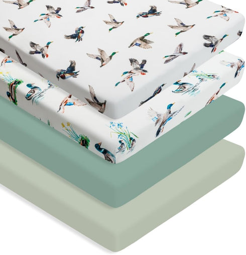 FIGEPO 4 Pack Pack (Pack Mallard Duck Baby N Play Sheets Neutral Unisex Breathable Fitted Nursery Sheets for Baby Girl