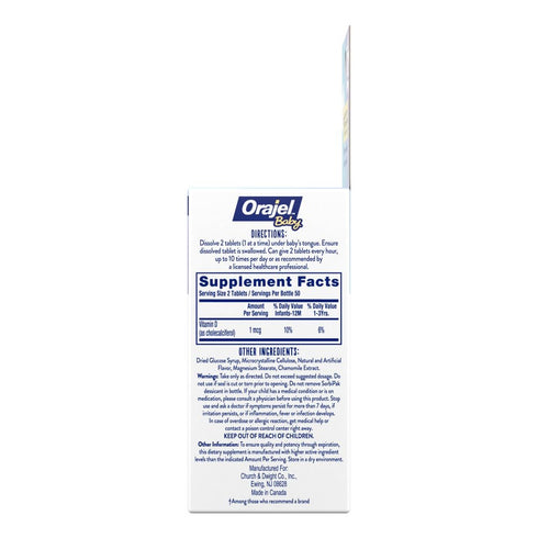 Orajel Baby Cooling Tablets for Teething with Vitamin D, 100 Quick Dissolve Tablets, White