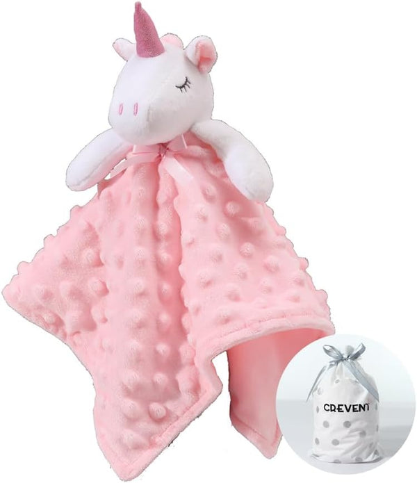 CREVENT Cozy Plush Baby Security Blanket Loveys for Baby Girls, Minky Dot Front + Sherpa Backing (Pink Unicorn)