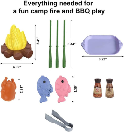 Set: 3,4,5,6 Educational Kids Camping Fake Campfire with Grill Sticks, Pretend Play Food, and Grill Kit - Perfect