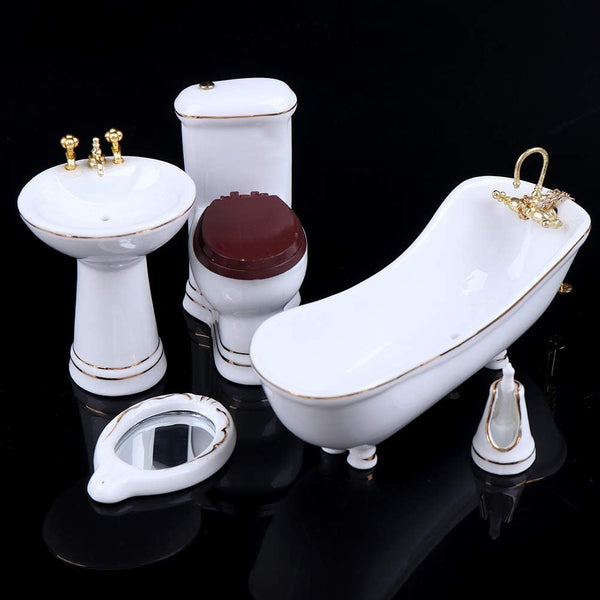 1:12 Dollhouse Miniature Porcelain Bathroom Set, 5 PCS White Ceramic Toilet, Basin, Bathtub, Mirror Accessories