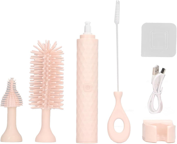 Garosa Electric Baby Bottle Brush Set with Rotating Silicone Bristles, 2 Speeds, Pacifier & Straw Brush (Pink)