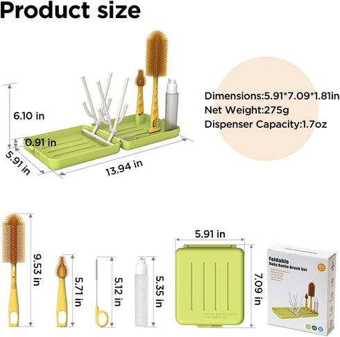 VOGOGE Travel Bottle Brush with Portable Bottle Drying Rack, Baby Bottle Brush for Baby Travel Essential, Green
