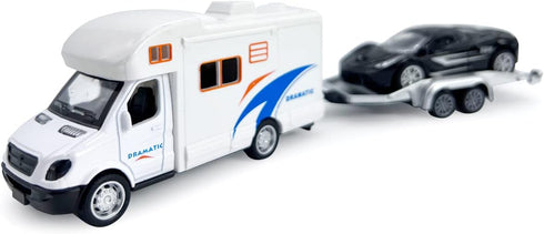 Toy Camper RV Trailer Towing Supercar, Diecast Motorhome Toys for Boys, Pull Back Cars for Outdoor Adventure Play Set