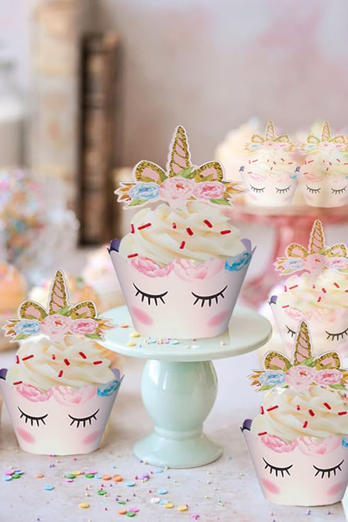 Unicorn Cupcake Toppers and Wrappers - 40 Reversible Rainbow Liners with Cute Decorations for Birthday Party
