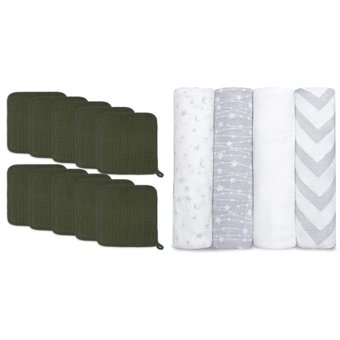 Comfy Cubs Baby Washcloths, Muslin Cotton Baby Towels and Muslin Swaddle Blankets