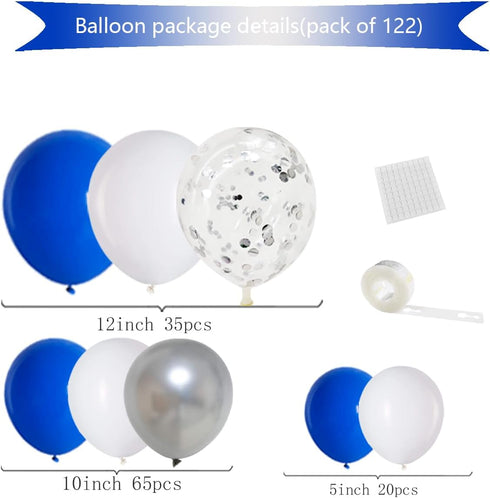 Blue White Silver Balloon Arch Garland Kit, 122pcs Royal Blue White Metallic Silver Balloons for Birthday Engagement