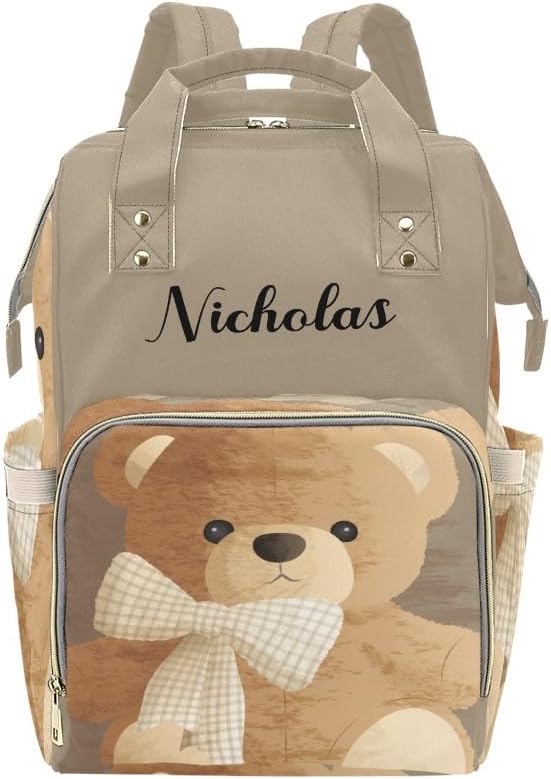 NZOOHY Brown Teddy Bear Bow Personalized Diaper Bag Backpack Multi-Function Custom with Name
