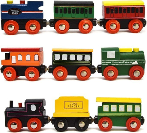9 Set Gift Boutique Wooden Train Cars Piece Collection of Magnetic Trains and Wood Engine and Vehicles Compatible