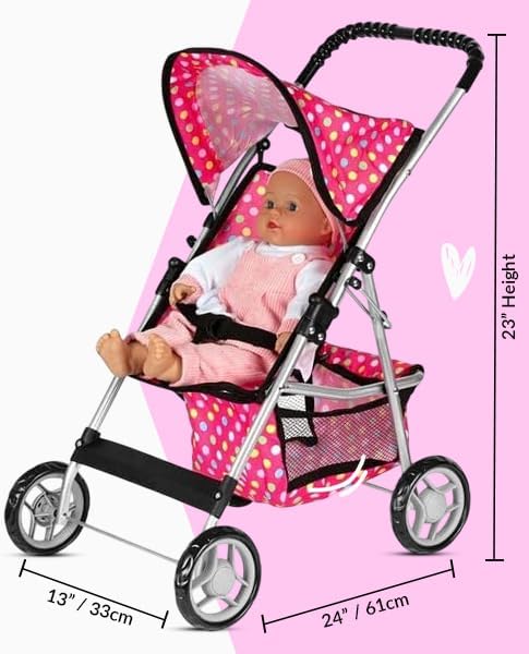 fash n kolor - Deluxe Doll Stroller My First Baby Doll Strollers Toy with Bigger Wheels - Polka Dot Design with Basket