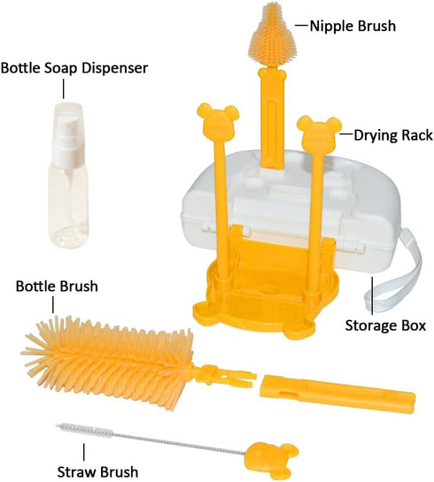 EMTSEB Baby Bottle Brush Set, 6 in 1 Cleaning Brush with Silicone Brush, Nipple Brush, Soap Dispenser, Yellow