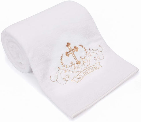 Cozy My Baptism Baby Christening Dedication White Blanket with Embroidered Cross Premium Soft Warm Coral Fleece