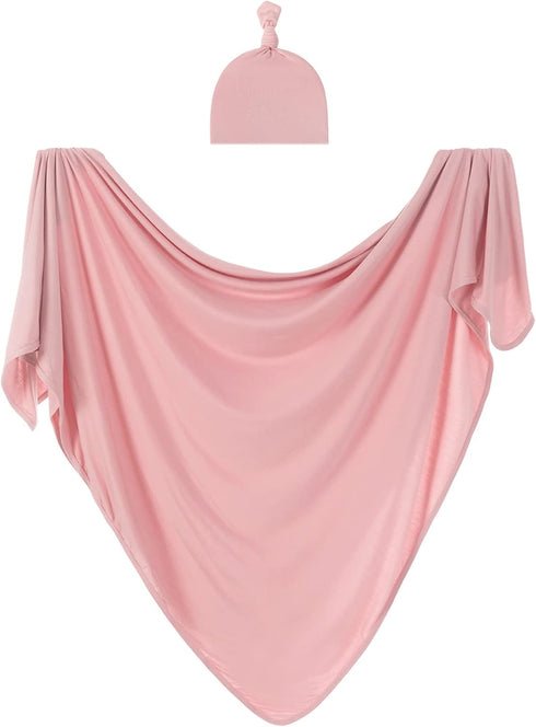 Bayceen Large Jersey Knitted Swaddle Blanket for Baby, Soft Stretchy Receiving Blanket with Hat, 47 x 47 Inches (Rose)
