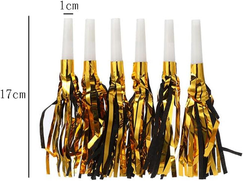lasenersm 24 Pieces Party Blower Noisemakers, Black and Golden Fringed Noise Maker Blowouts, Party Horns