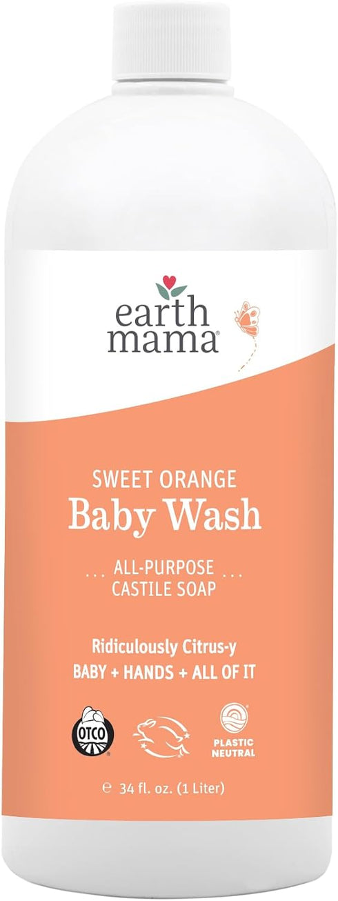Earth Mama Sweet Orange Baby Wash Liquid Hand Soap Refill, Organic Body Wash, 34 fl oz