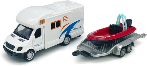 Metanyl 3 4 5 6 7 Motorhome Camper Trailer Towing Speed Boat Model Diecast Toys for Boys Pull Back RV Toy Vehicle