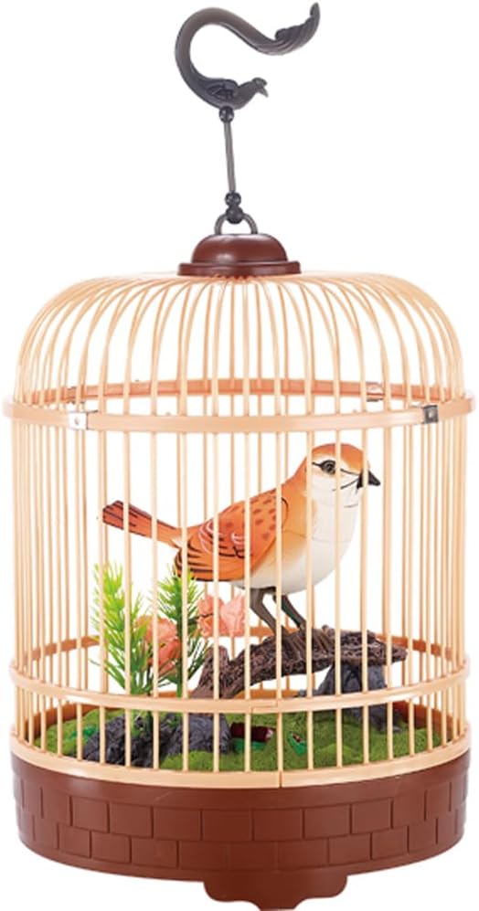 PowerTRC Singing & Chirping Bird in Cage, Realistic Sounds & Movements, Battery Operated, 10” x 7”